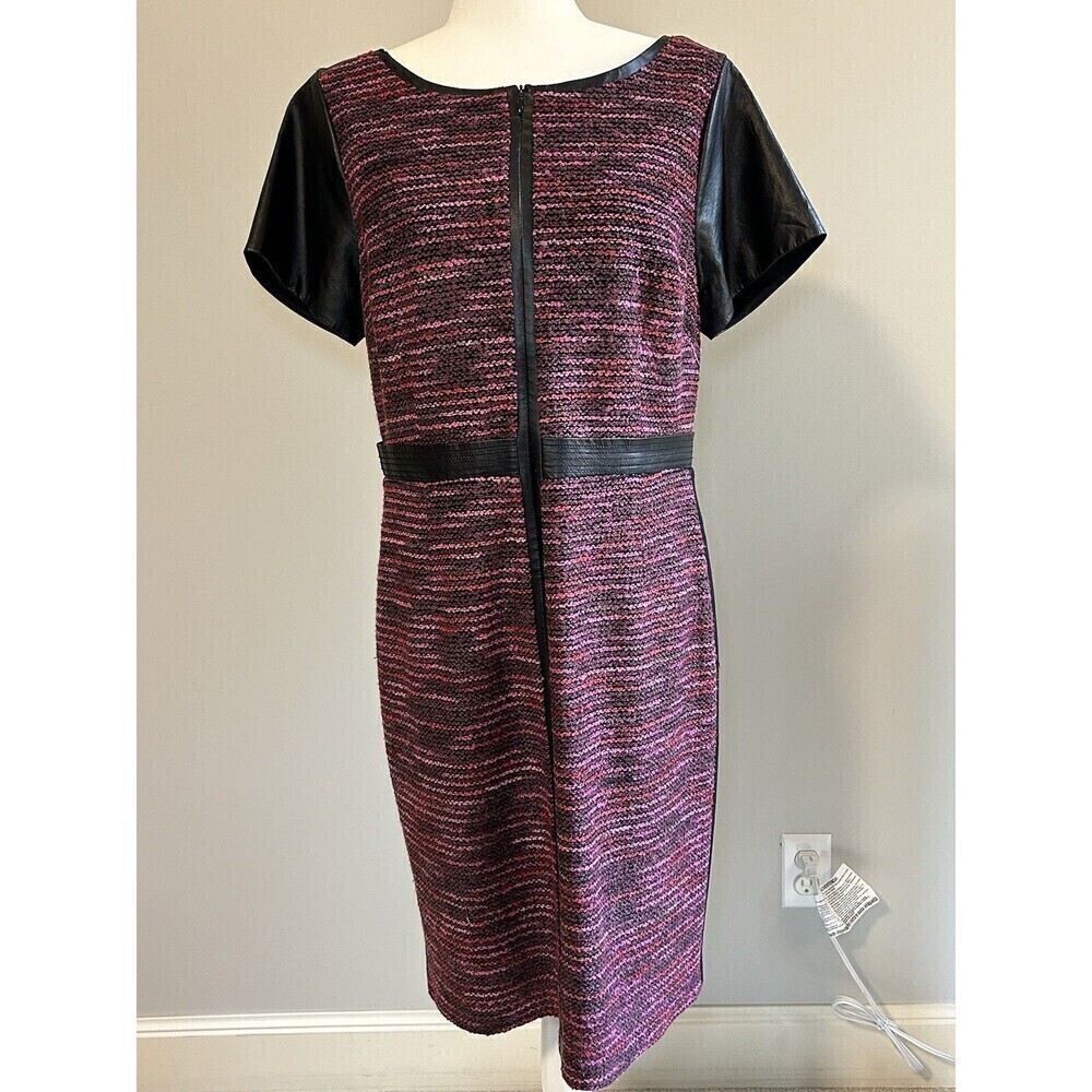 LAUNDRY By Shelli Segal Dress Front Zip Belted Waist Faux Leather Sleeve Sz 12